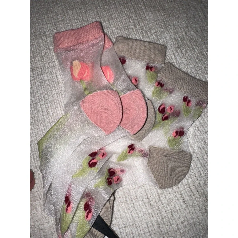 2 Pk Sheer W Floral Tulips Socks Quarter Crew Dainty Loafers Victorian Sweet